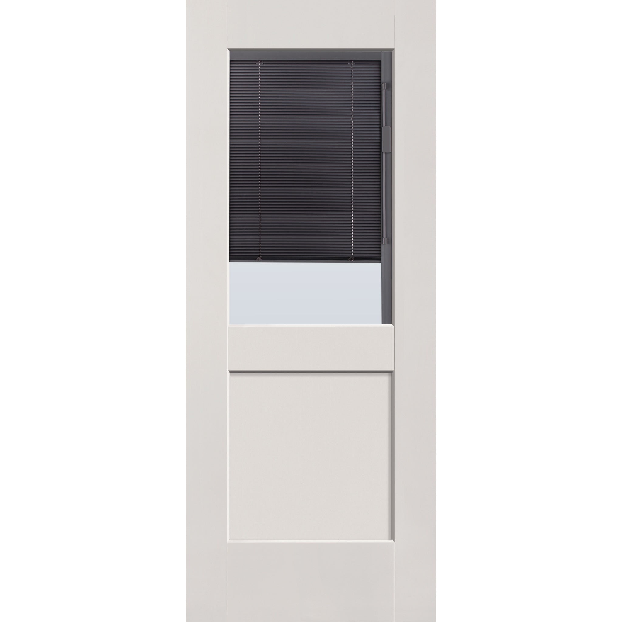Raise & Lower Blinds flush glazed fiberglass entry door, half lite shaker, 32" x 80", white satin smooth finish, slate blinds
