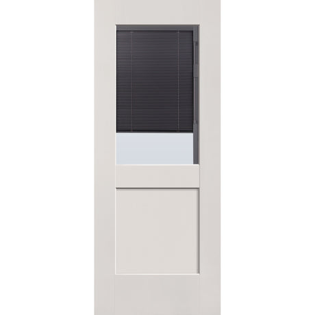 Raise & Lower Blinds flush glazed fiberglass entry door, half lite shaker, 32" x 80", white satin smooth finish, slate blinds