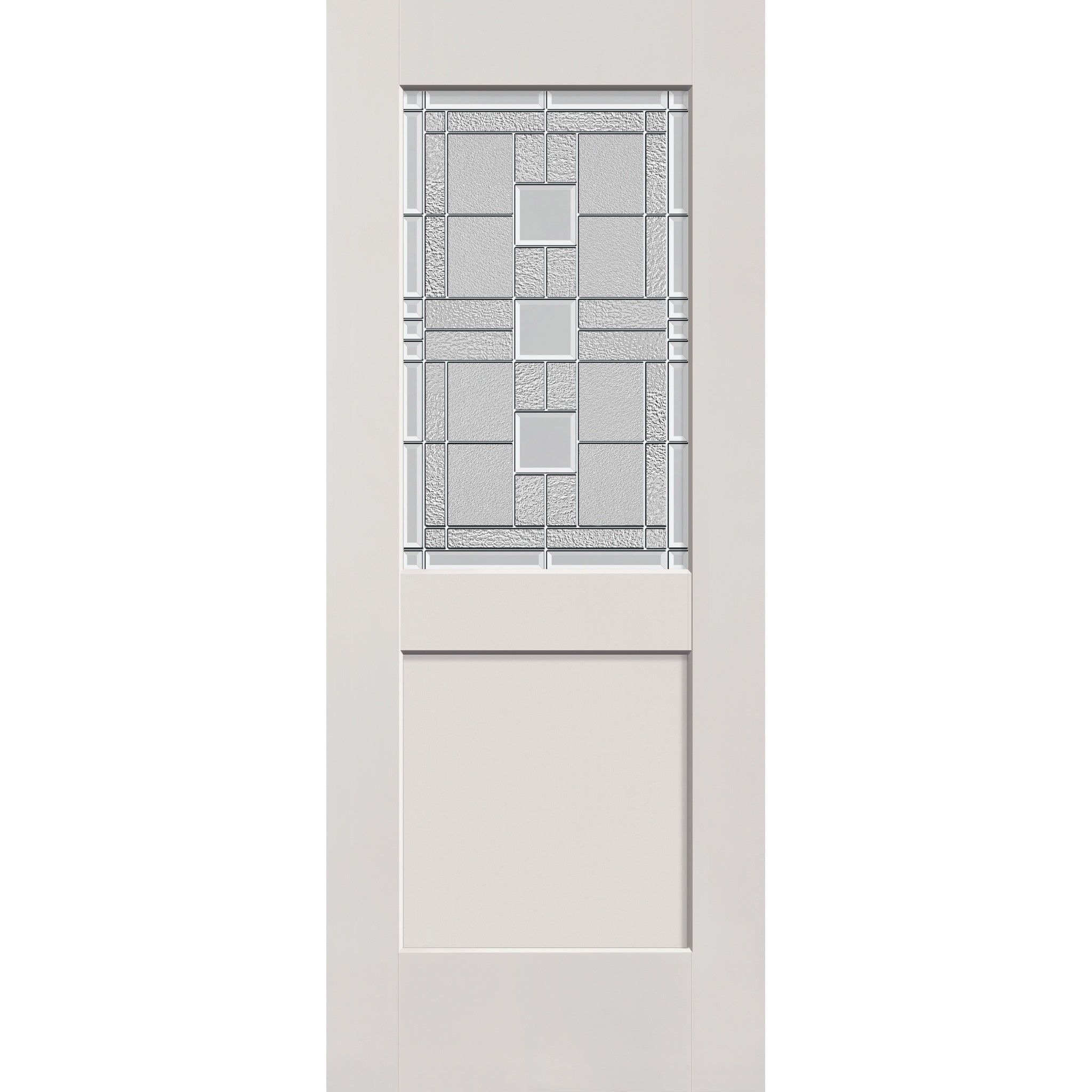 Austin flush glazed hurricane-rated fiberglass entry door, half lite shaker, 32" x 80", white satin smooth finish, Satin Nickel caming
