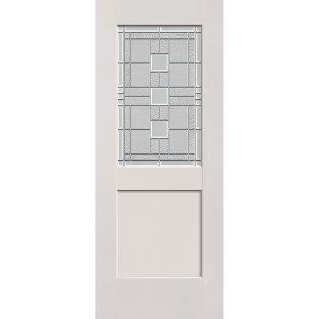 Austin flush glazed hurricane-rated fiberglass entry door, half lite shaker, 32" x 80", white satin smooth finish, Satin Nickel caming