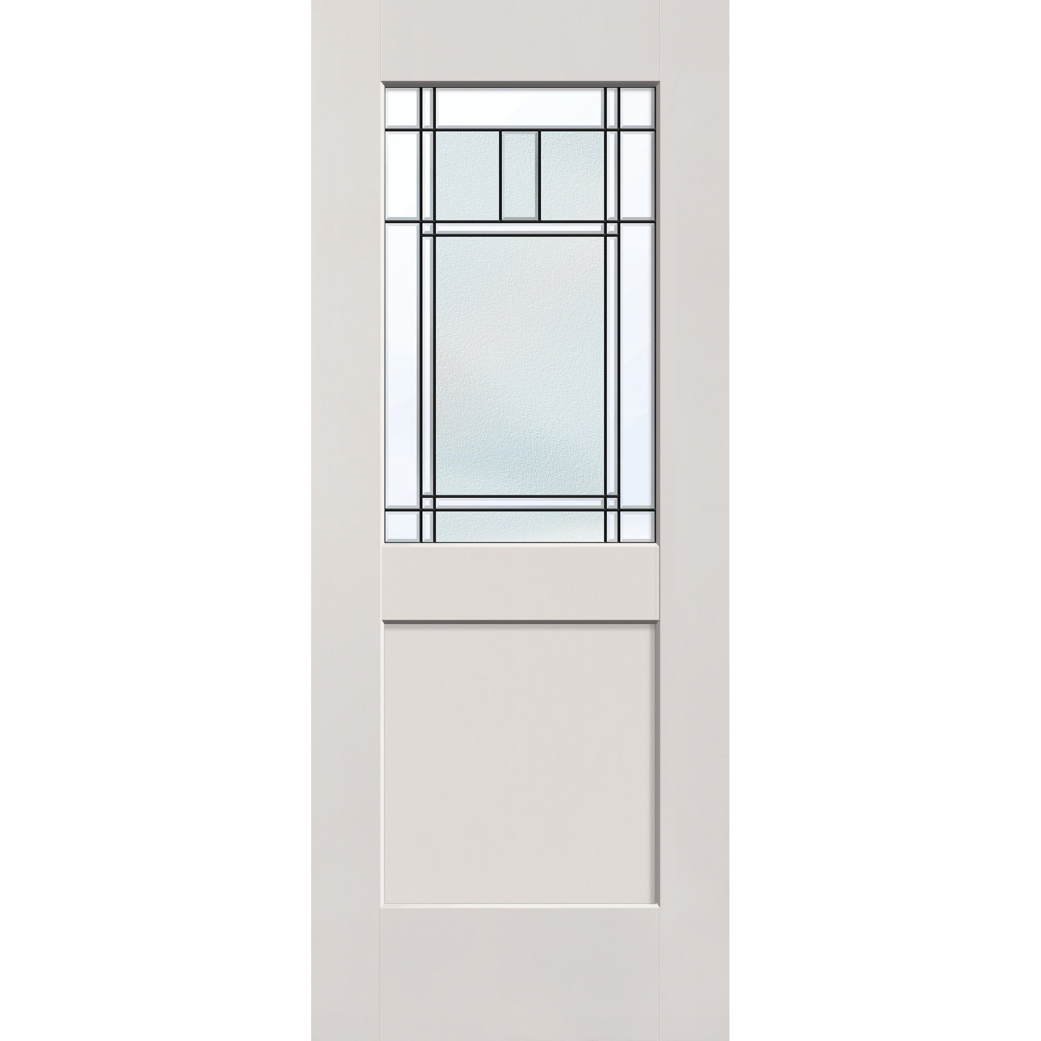 Berkley flush glazed hurricane-rated fiberglass entry door, half lite shaker, 32" x 80", white satin smooth finish, Patina caming