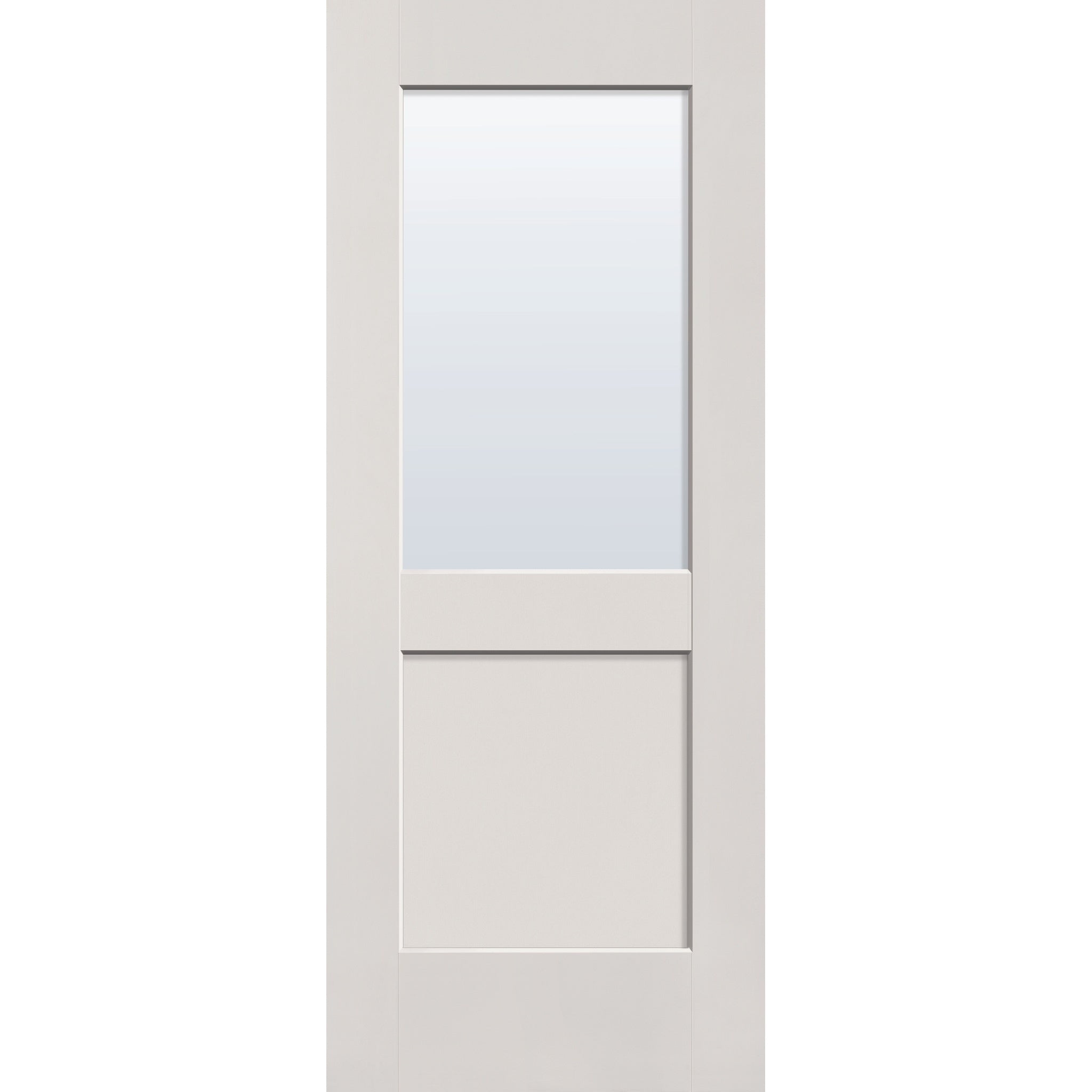 Clear flush glazed hurricane-rated fiberglass entry door, half lite shaker, 32" x 80", white satin smooth finish