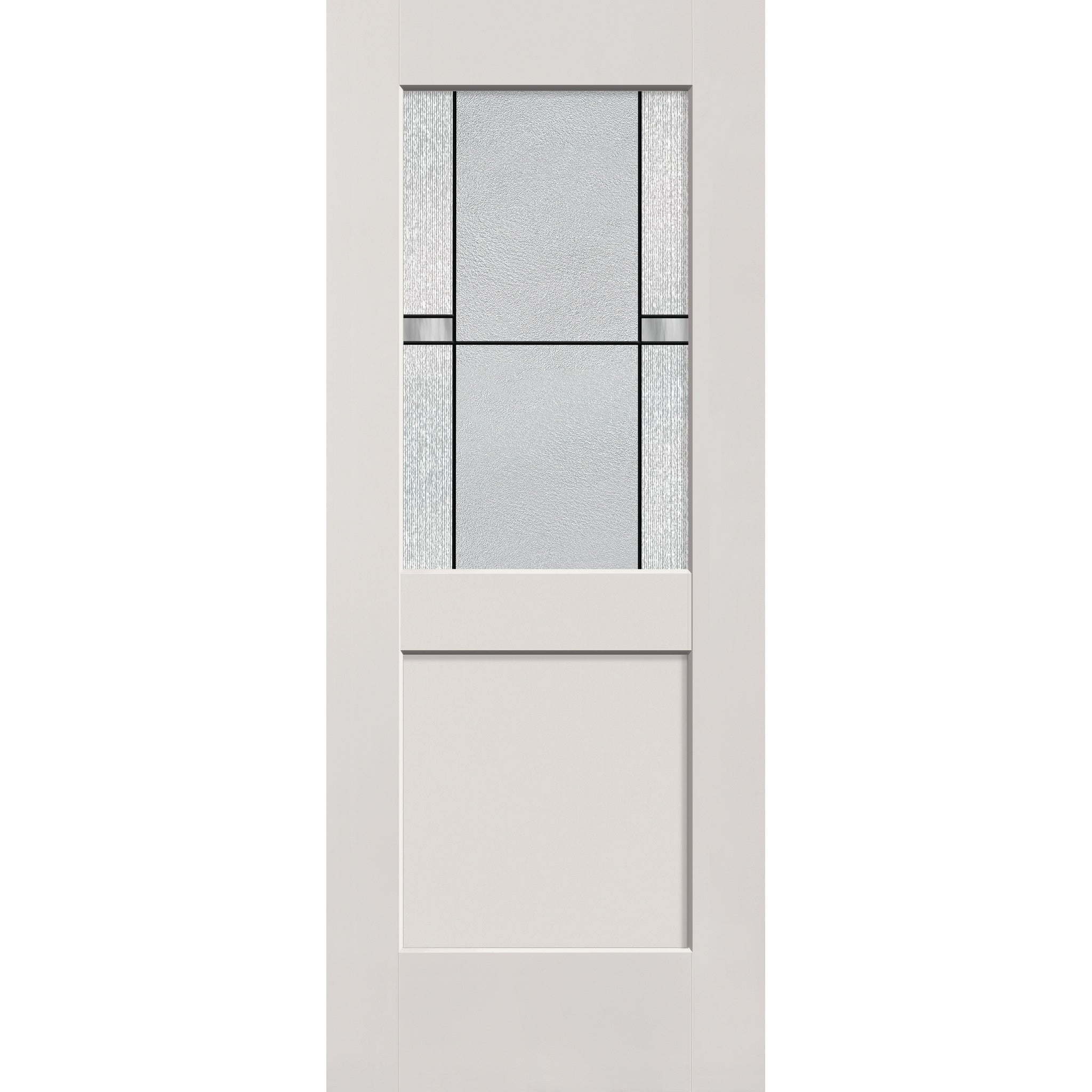 Dexter flush glazed hurricane-rated fiberglass entry door, half lite shaker, 32" x 80", white satin smooth finish, Black Aluminum caming