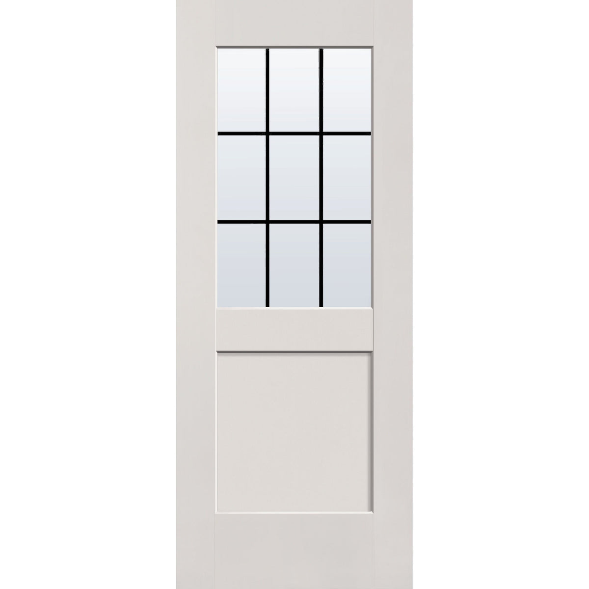 9 light grille flush glazed hurricane-rated fiberglass entry door, half lite shaker, 32" x 80", white satin smooth finish, black grilles between glass