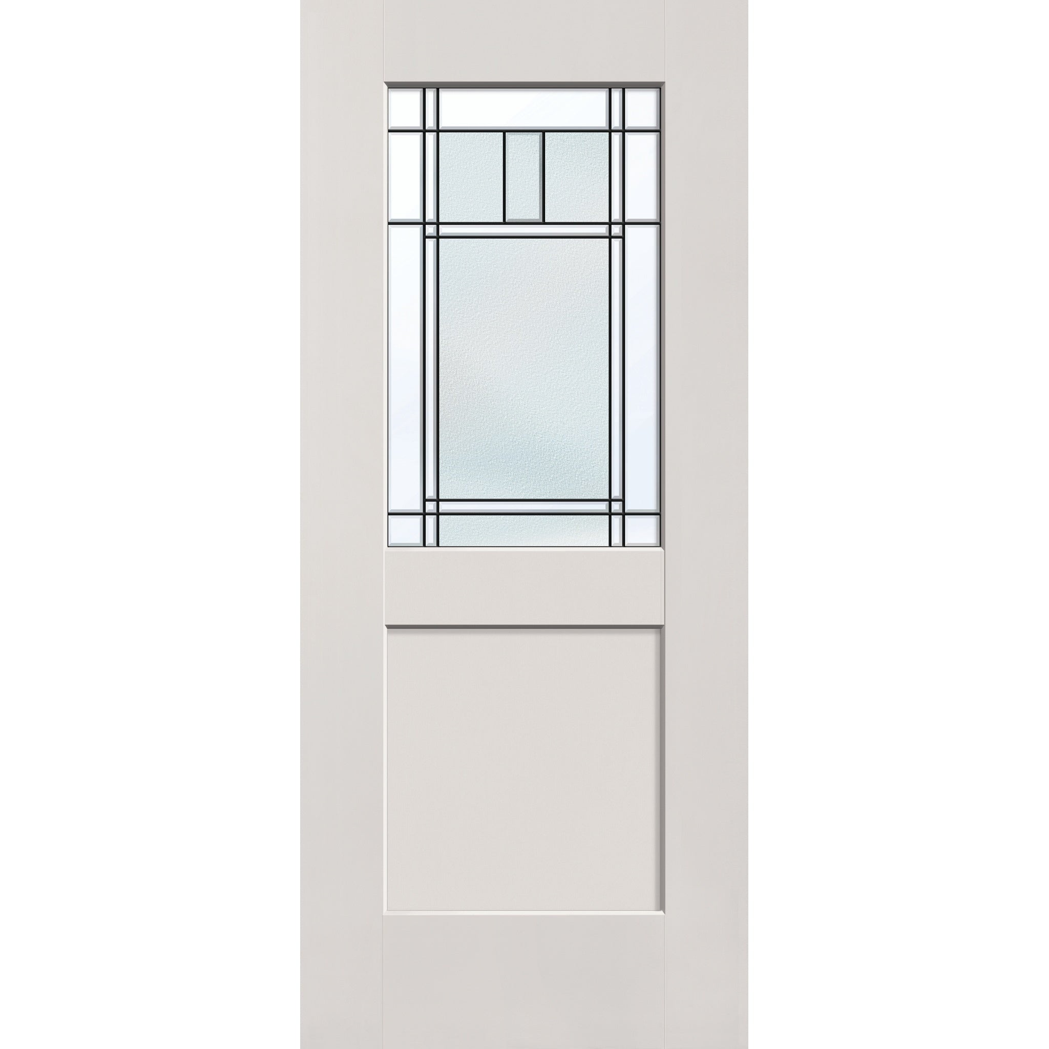Berkley flush glazed fiberglass entry door, half lite shaker, 34" x 80", white satin smooth finish, Patina caming