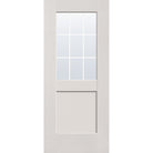 9 light grille flush glazed fiberglass entry door, half lite shaker, 34" x 80", white satin smooth finish, black grilles between glass