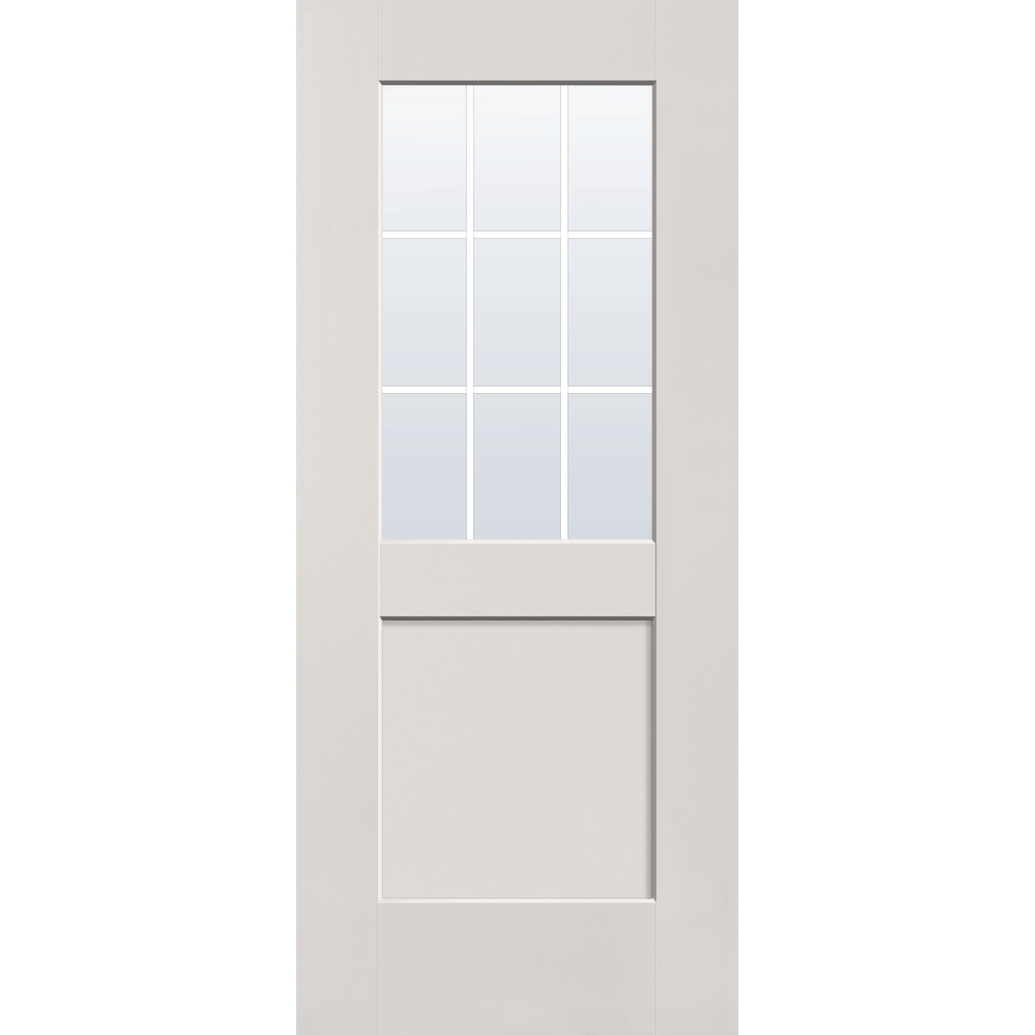 9 light grille flush glazed fiberglass entry door, half lite shaker, 34" x 80", white satin smooth finish, black grilles between glass