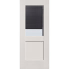 Raise & Lower Blinds flush glazed fiberglass entry door, half lite shaker, 34" x 80", white satin smooth finish, slate blinds