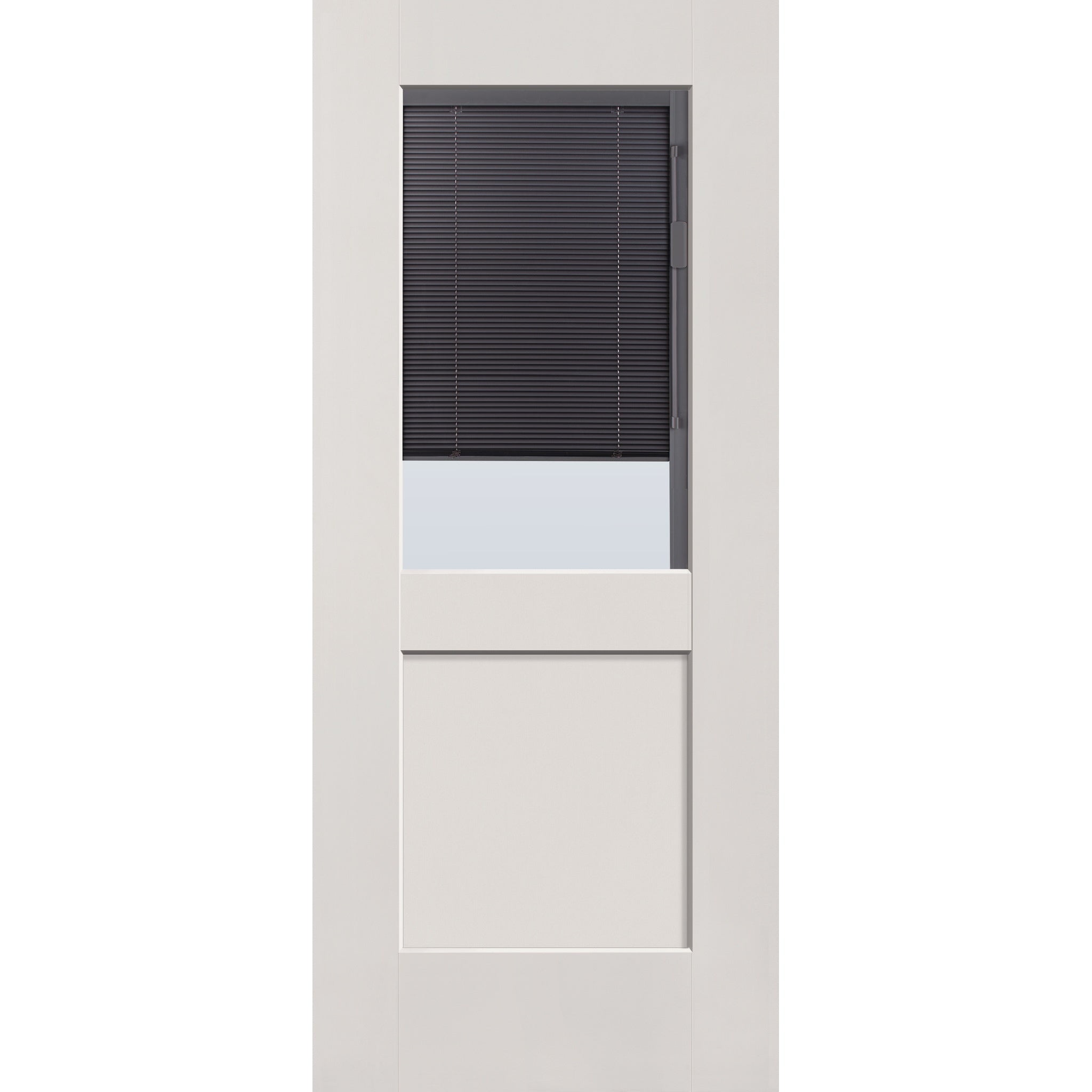 Raise & Lower Blinds flush glazed fiberglass entry door, half lite shaker, 34" x 80", white satin smooth finish, slate blinds