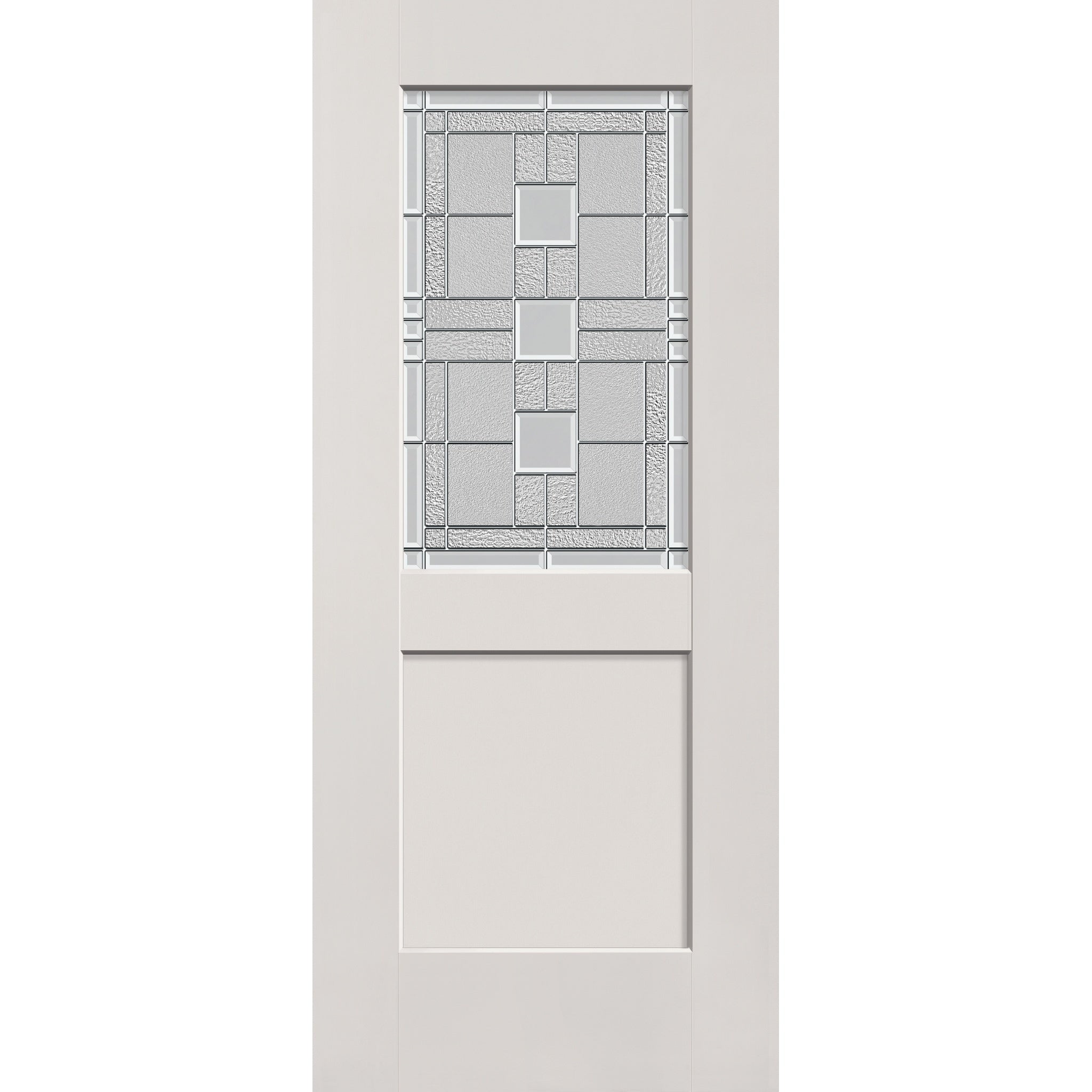 Austin flush glazed hurricane-rated fiberglass entry door, half lite shaker, 34" x 80", white satin smooth finish, Satin Nickel caming