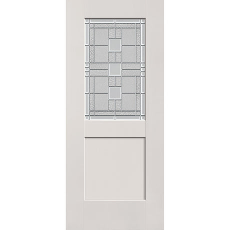 Austin flush glazed hurricane-rated fiberglass entry door, half lite shaker, 34" x 80", white satin smooth finish, Satin Nickel caming
