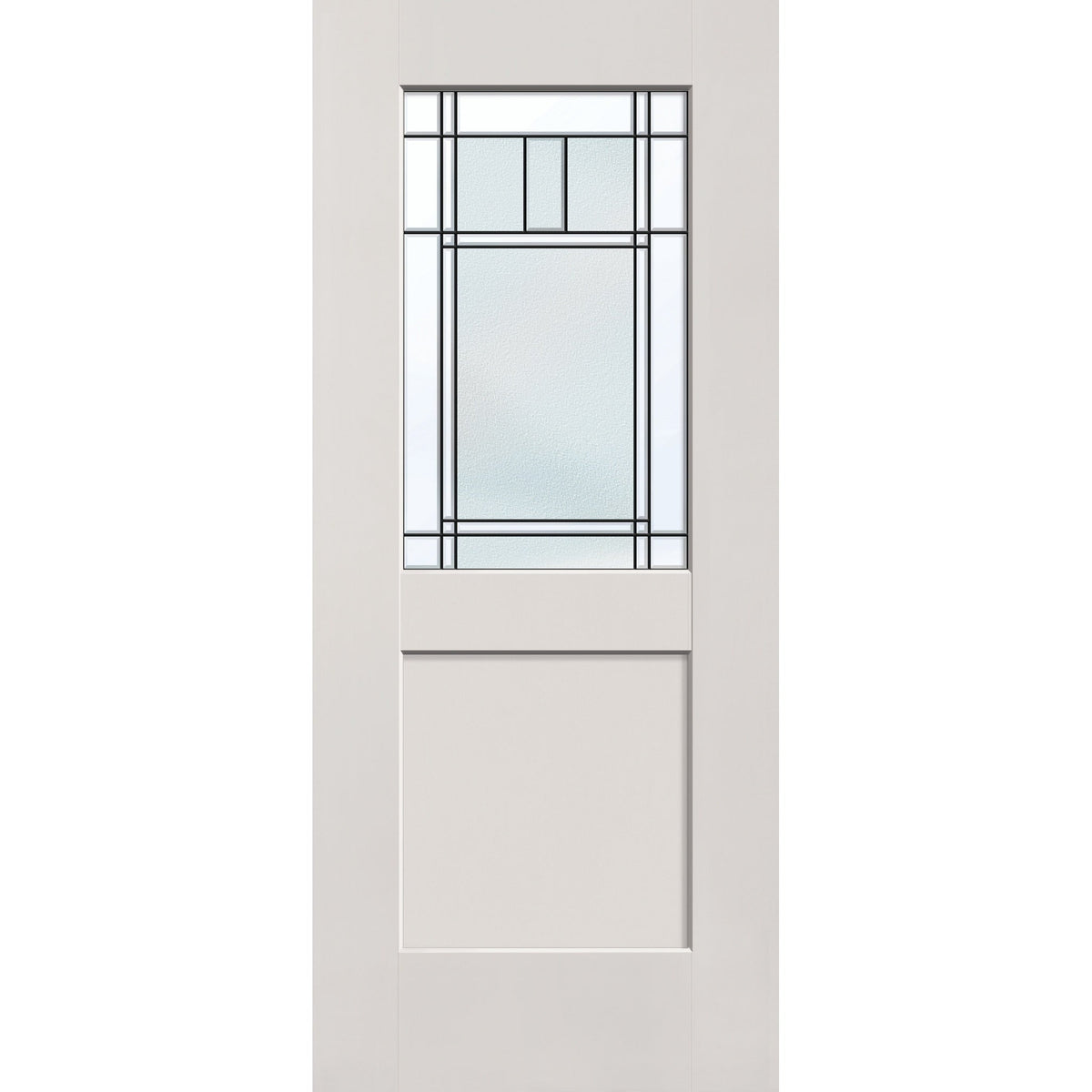 Berkley flush glazed hurricane-rated fiberglass entry door, half lite shaker, 34" x 80", white satin smooth finish, Patina caming