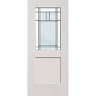 Berkley flush glazed hurricane-rated fiberglass entry door, half lite shaker, 34" x 80", white satin smooth finish, Patina caming