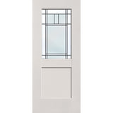Berkley flush glazed hurricane-rated fiberglass entry door, half lite shaker, 34" x 80", white satin smooth finish, Patina caming