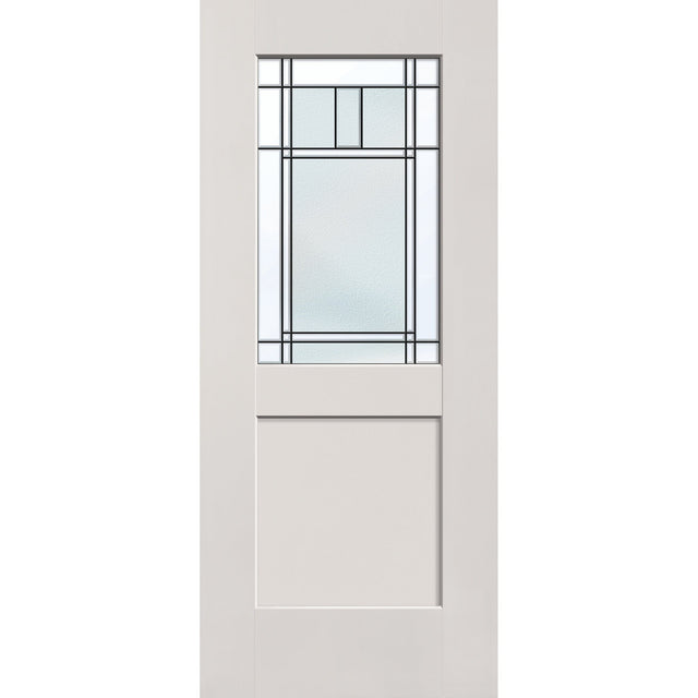 Berkley flush glazed hurricane-rated fiberglass entry door, half lite shaker, 34" x 80", white satin smooth finish, Patina caming