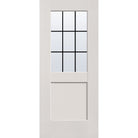 9 light grille flush glazed hurricane-rated fiberglass entry door, half lite shaker, 34" x 80", white satin smooth finish, black grilles between glass