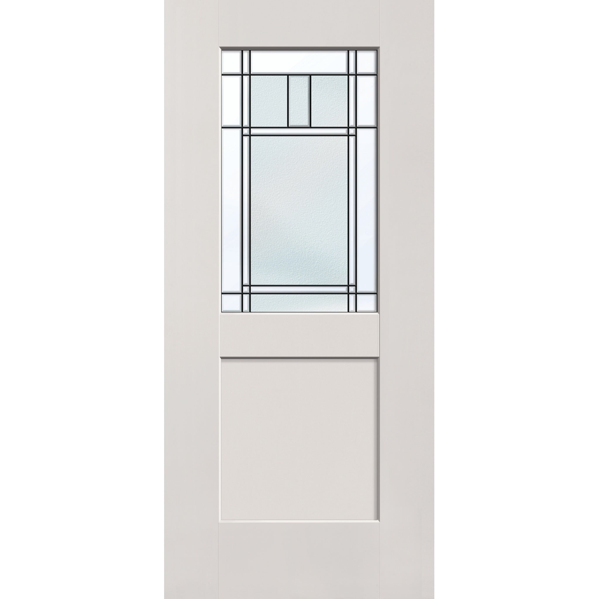 Berkley flush glazed fiberglass entry door, half lite shaker, 36" x 80", white satin smooth finish, Patina caming