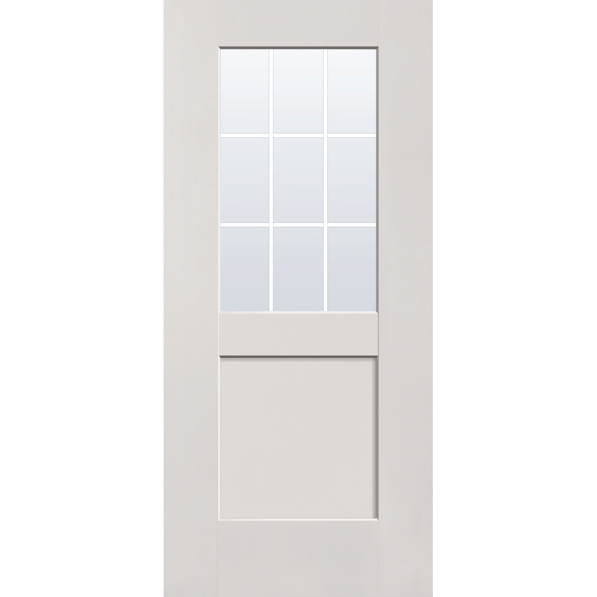 9 light grille flush glazed fiberglass entry door, half lite shaker, 36" x 80", white satin smooth finish, black grilles between glass