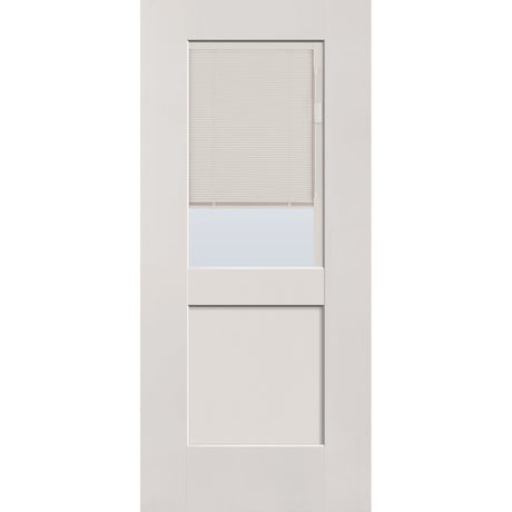 Raise & Lower Blinds flush glazed fiberglass entry door, half lite shaker, 36" x 80", white satin smooth finish, white blinds