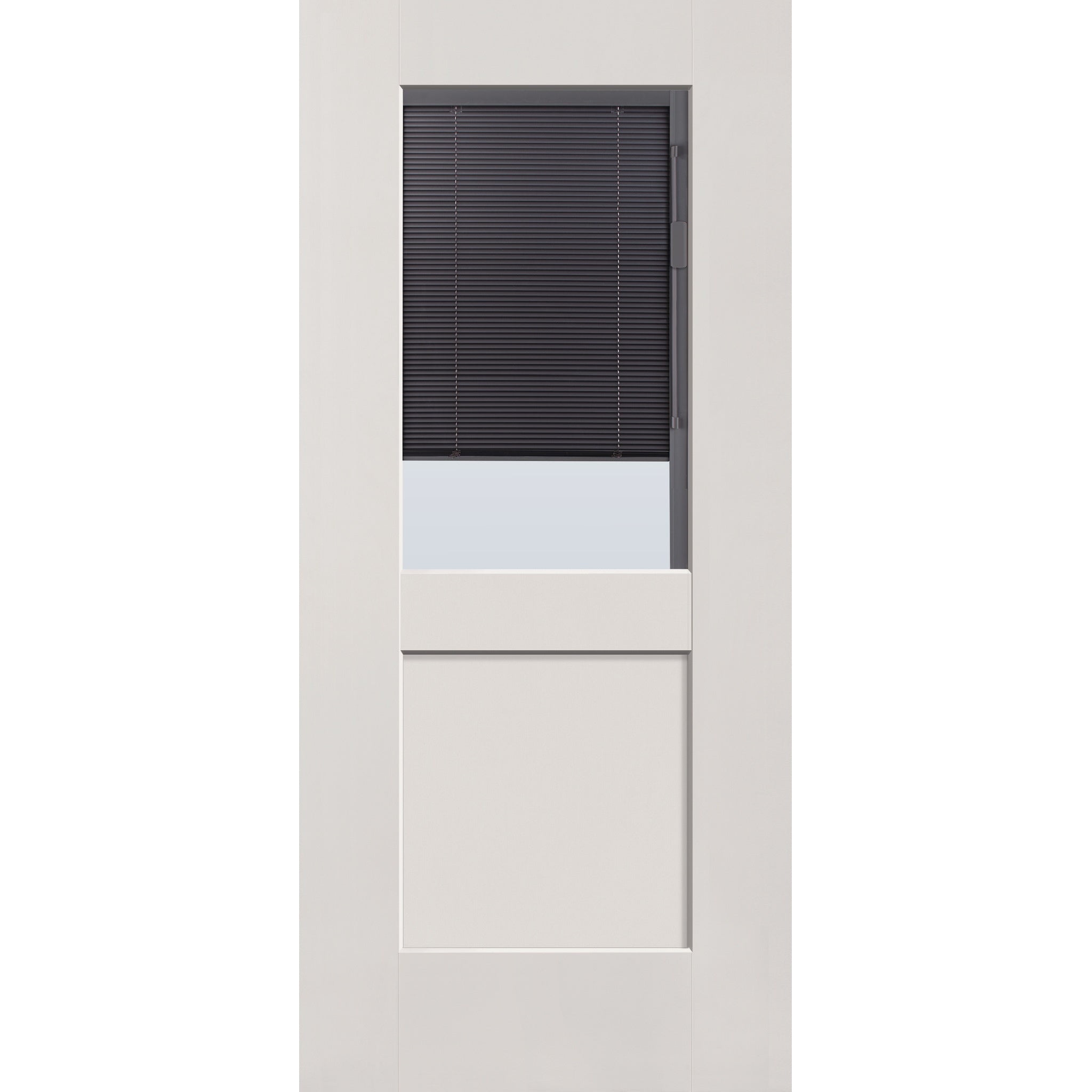 Raise & Lower Blinds flush glazed fiberglass entry door, half lite shaker, 36" x 80", white satin smooth finish, slate blinds
