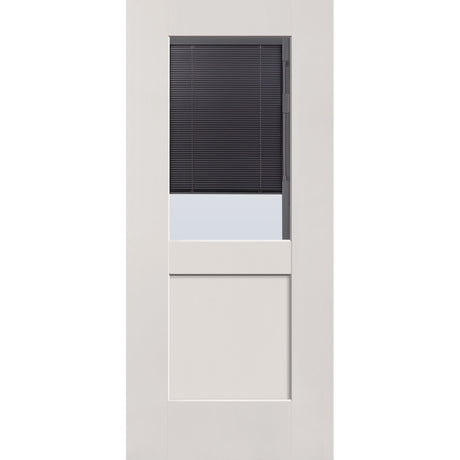 Raise & Lower Blinds flush glazed fiberglass entry door, half lite shaker, 36" x 80", white satin smooth finish, slate blinds