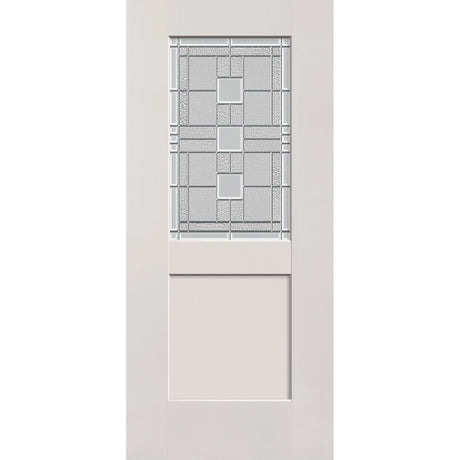 Austin flush glazed hurricane-rated fiberglass entry door, half lite shaker, 36" x 80", white satin smooth finish, Satin Nickel caming