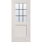 9 light grille flush glazed hurricane-rated fiberglass entry door, half lite shaker, 36" x 80", white satin smooth finish, black grilles between glass