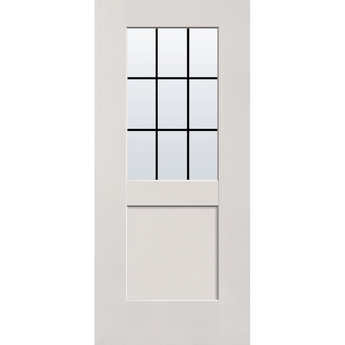 9 light grille flush glazed hurricane-rated fiberglass entry door, half lite shaker, 36" x 80", white satin smooth finish, black grilles between glass