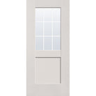 9 light grille flush glazed hurricane-rated fiberglass entry door, half lite shaker, 36" x 80", white satin smooth finish, white grilles between glass