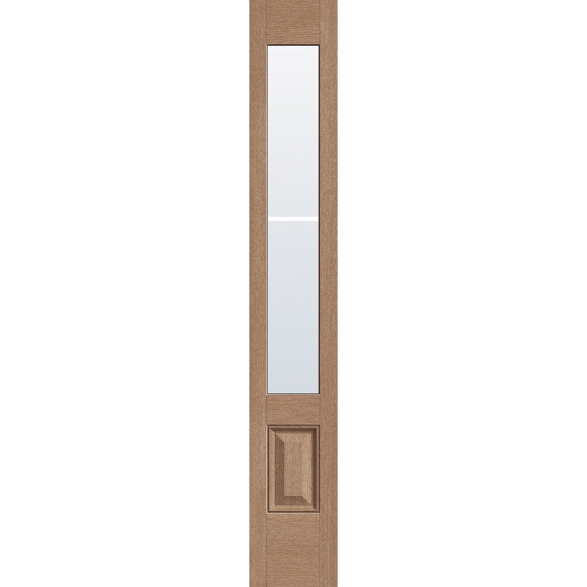 2 light grille flush glazed hurricane-rated fiberglass sidelite panel, 3/4 lite, 12" x 80", tan woodgrain finish, black grilles between glass