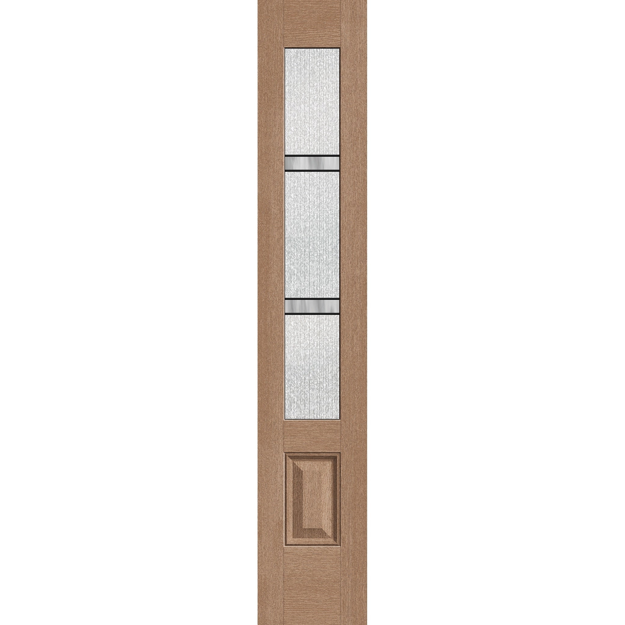 Dexter flush glazed hurricane-rated fiberglass sidelite panel, 3/4 lite, 14" x 80", tan woodgrain finish, Black Aluminum caming