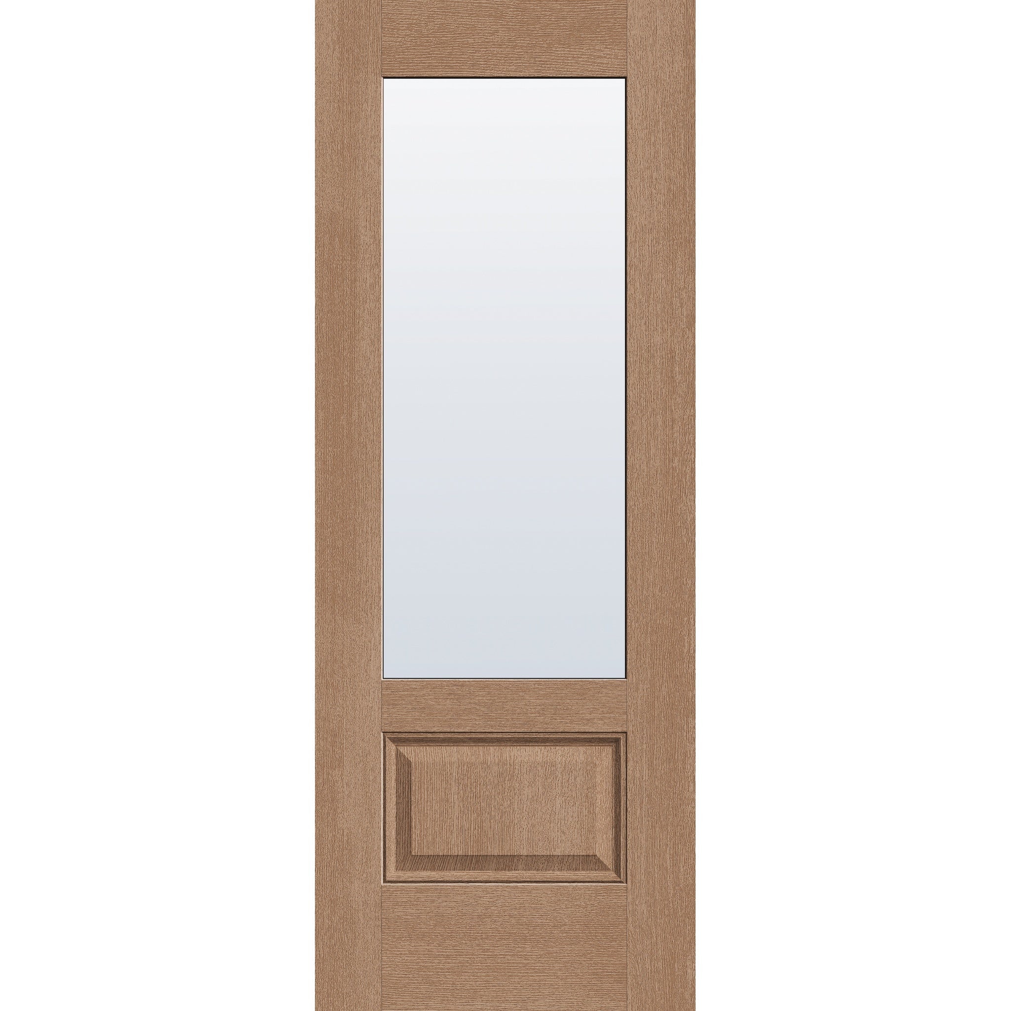Clear flush glazed hurricane-rated fiberglass entry door, 3/4 lite, 30" x 80", tan woodgrain finish