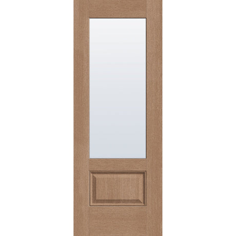 Clear flush glazed hurricane-rated fiberglass entry door, 3/4 lite, 30" x 80", tan woodgrain finish