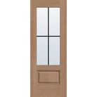 4 light grille flush glazed hurricane-rated fiberglass entry door, 3/4 lite, 30" x 80", tan woodgrain finish, black grilles between glass