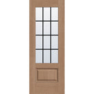 12 light grille flush glazed fiberglass entry door, 3/4 lite, 30" x 80", tan woodgrain finish, black grilles between glass