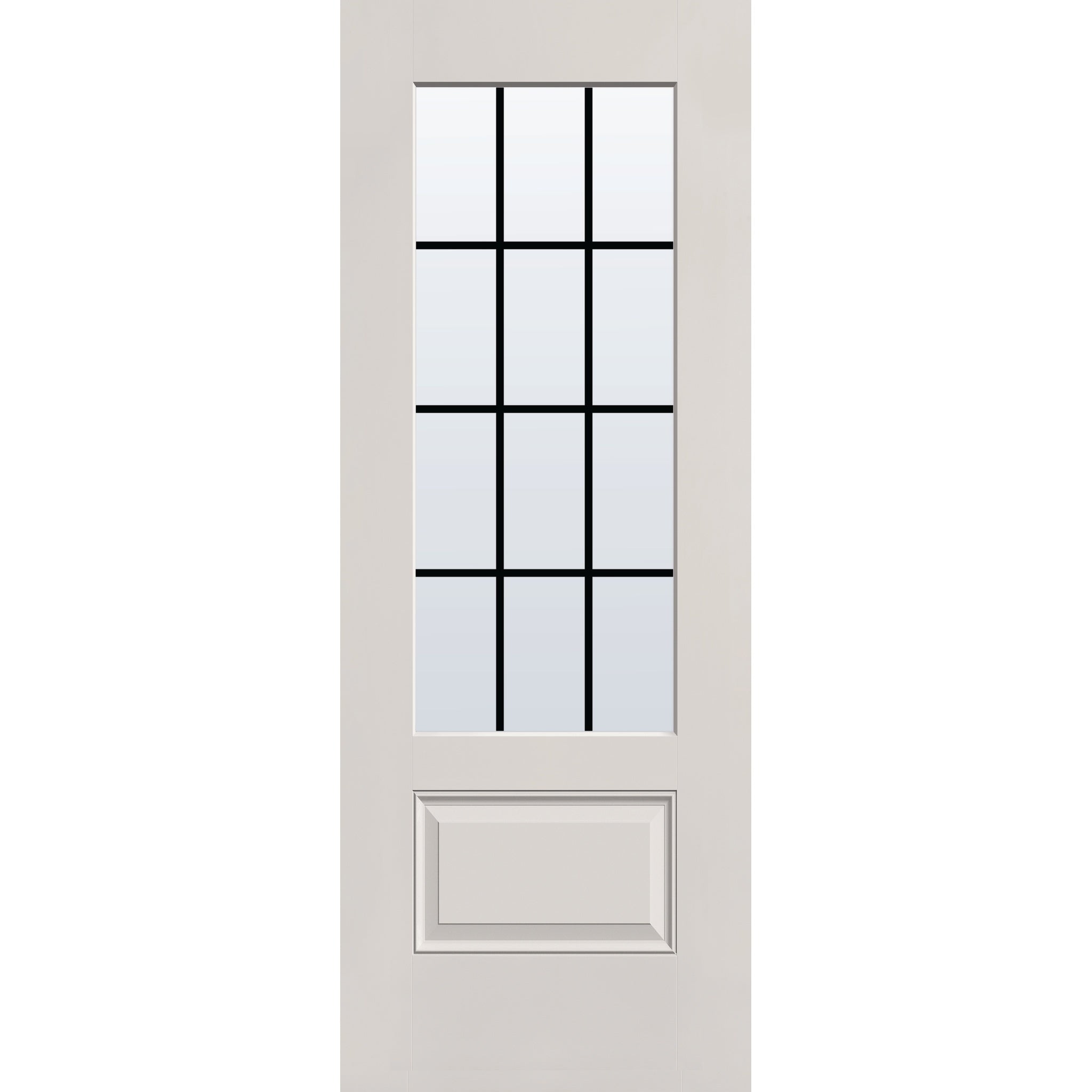 12 light grille flush glazed hurricane-rated fiberglass entry door, 3/4 lite, 30" x 80", white satin smooth finish, black grilles between glass