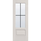 4 light grille flush glazed hurricane-rated fiberglass entry door, 3/4 lite, 30" x 80", white satin smooth finish, black grilles between glass