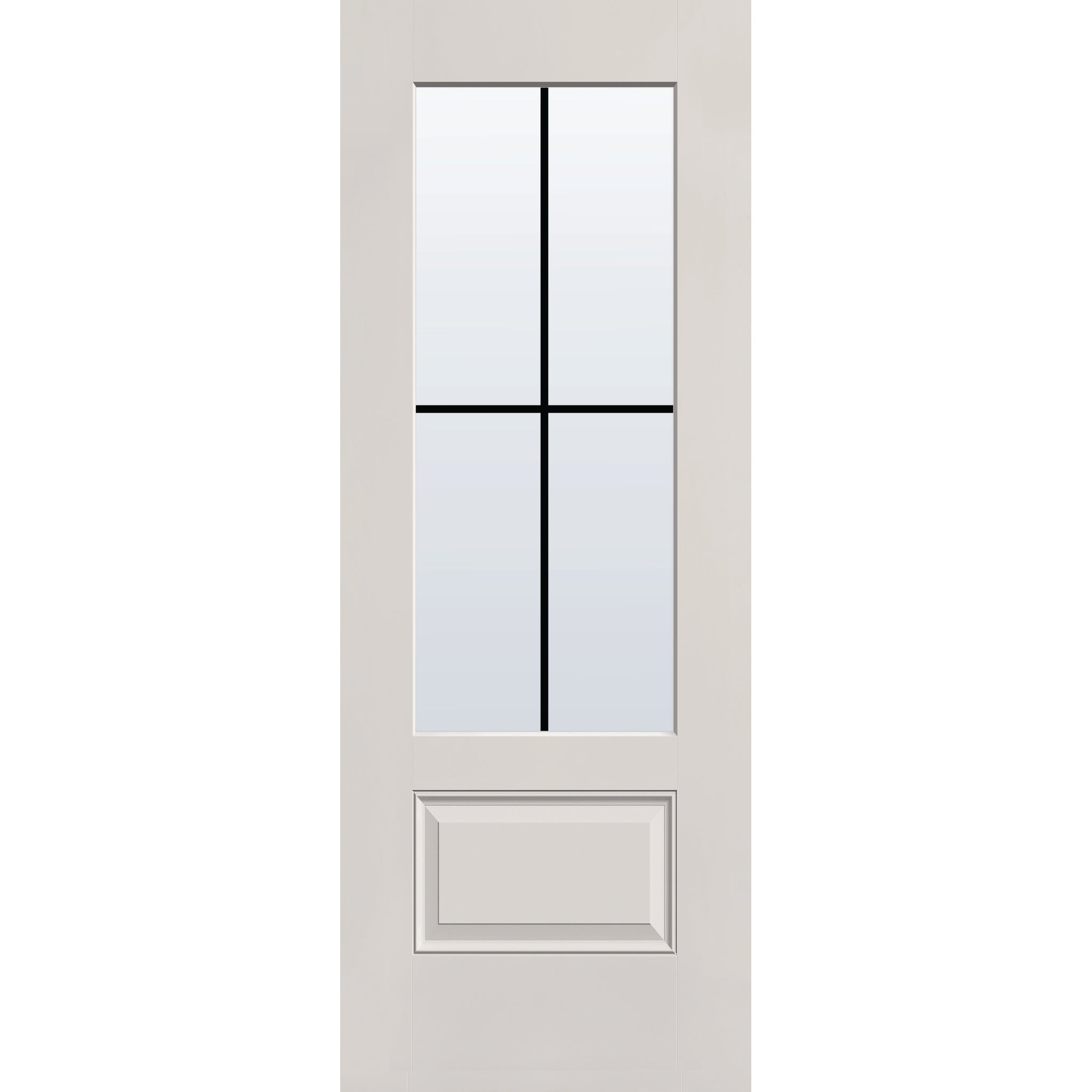 4 light grille flush glazed hurricane-rated fiberglass entry door, 3/4 lite, 30" x 80", white satin smooth finish, black grilles between glass