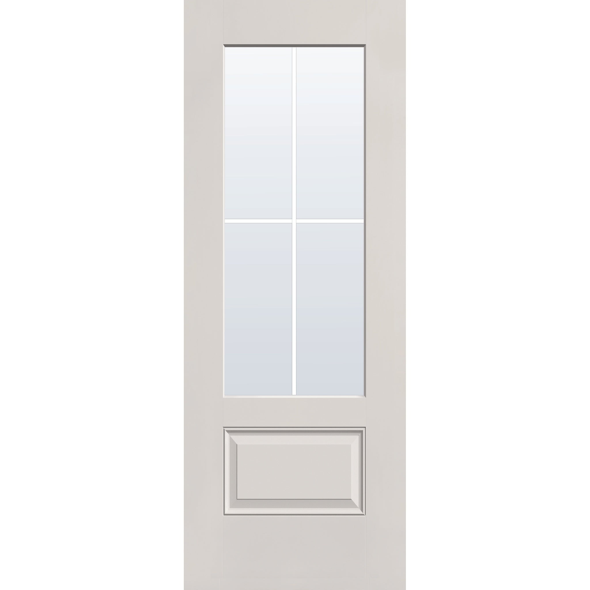 4 light grille flush glazed hurricane-rated fiberglass entry door, 3/4 lite, 30" x 80", white satin smooth finish, white grilles between glass