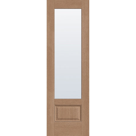 Clear flush glazed hurricane-rated fiberglass entry door, 3/4 lite, 30" x 96", tan woodgrain finish