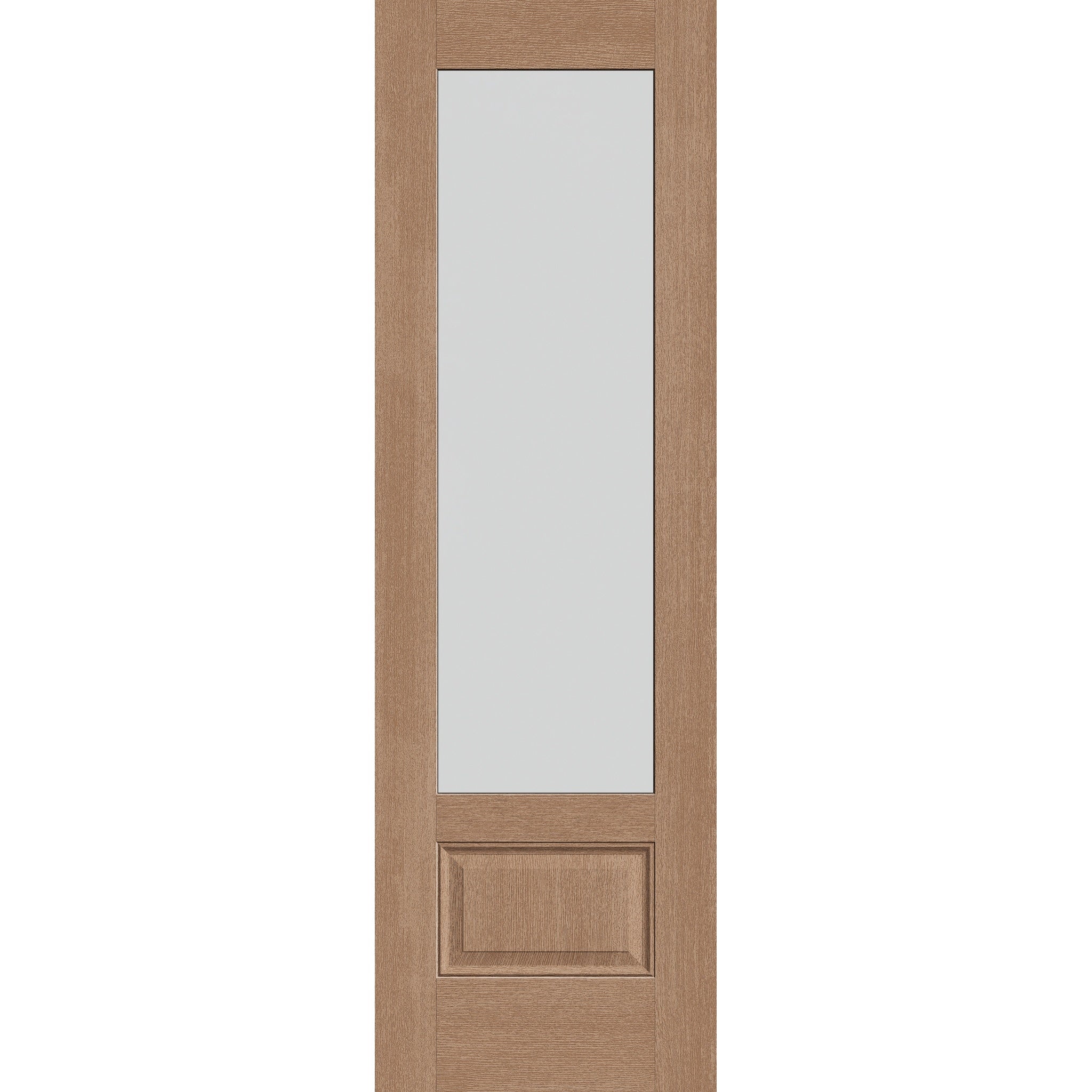 Frost flush glazed hurricane-rated fiberglass entry door, 3/4 lite, 30" x 96", tan woodgrain finish