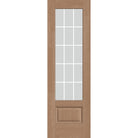 15 light grille flush glazed hurricane-rated fiberglass entry door, 3/4 lite, 30" x 96", tan woodgrain finish, white grilles between glass