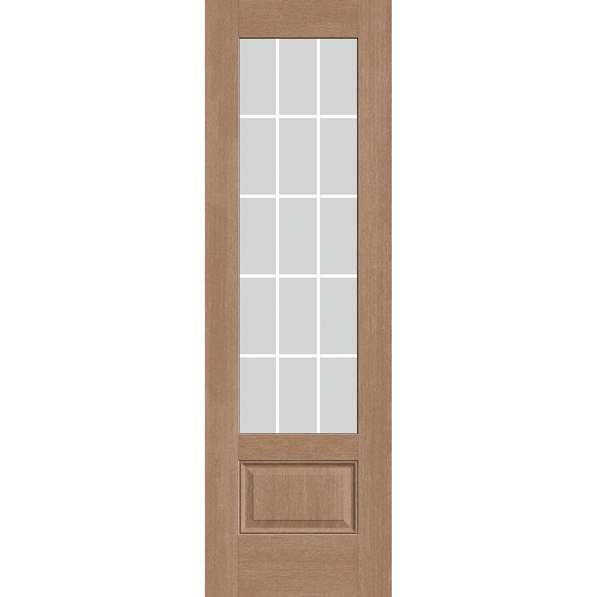 15 light grille flush glazed hurricane-rated fiberglass entry door, 3/4 lite, 30" x 96", tan woodgrain finish, white grilles between glass