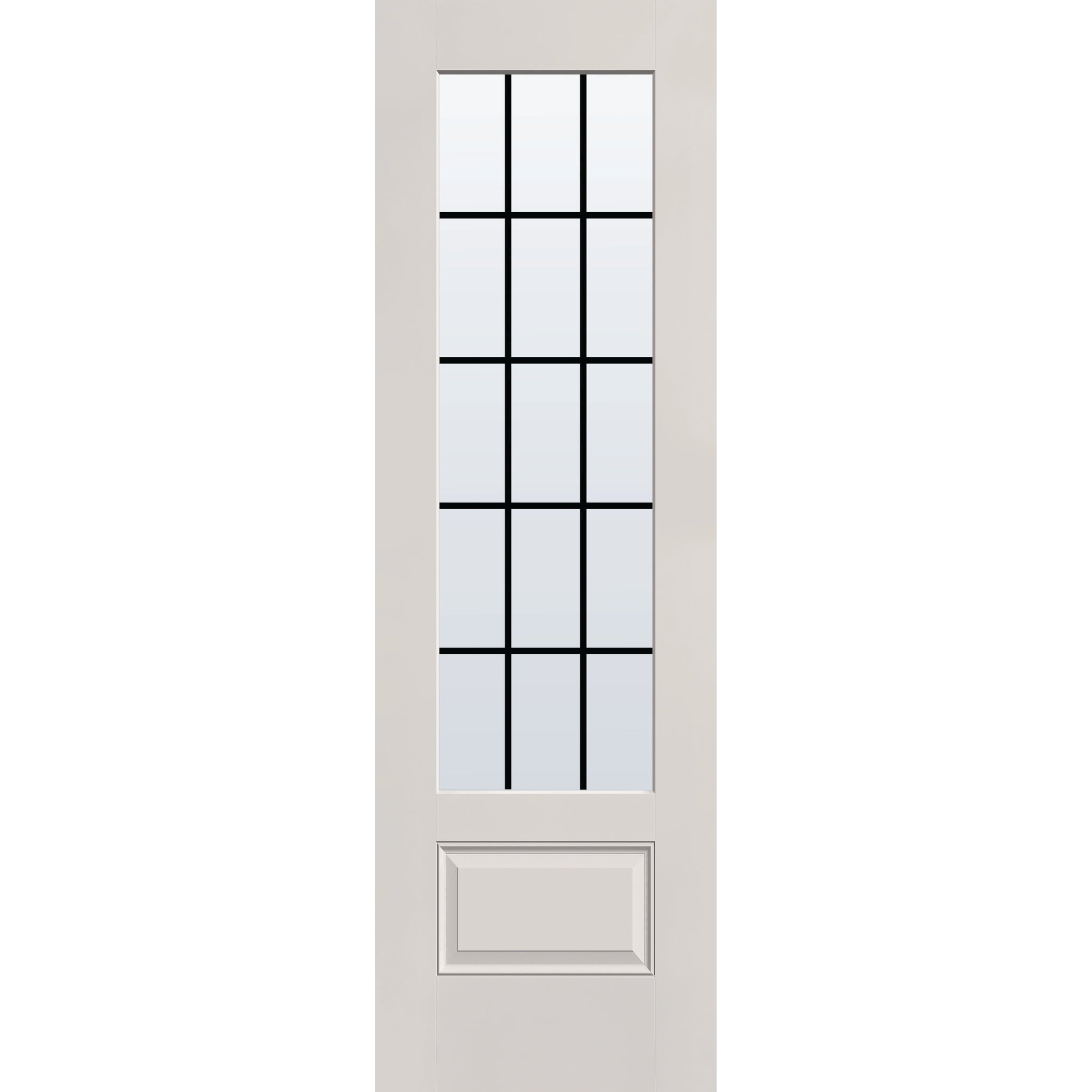 15 light grille flush glazed hurricane-rated fiberglass entry door, 3/4 lite, 30" x 96", white satin smooth finish, black grilles between glass