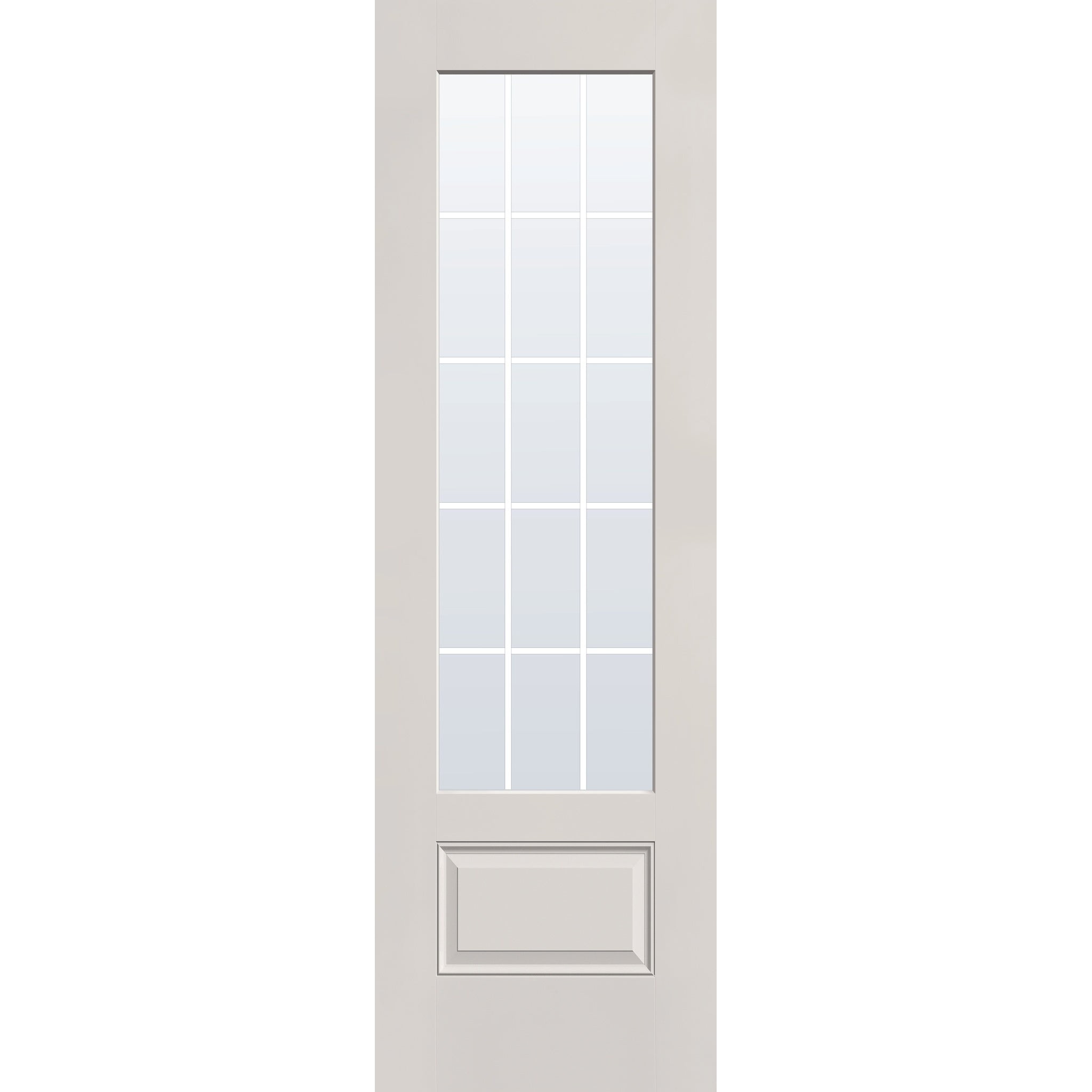 15 light grille flush glazed fiberglass entry door, 3/4 lite, 30" x 96", white satin smooth finish, white grilles between glass