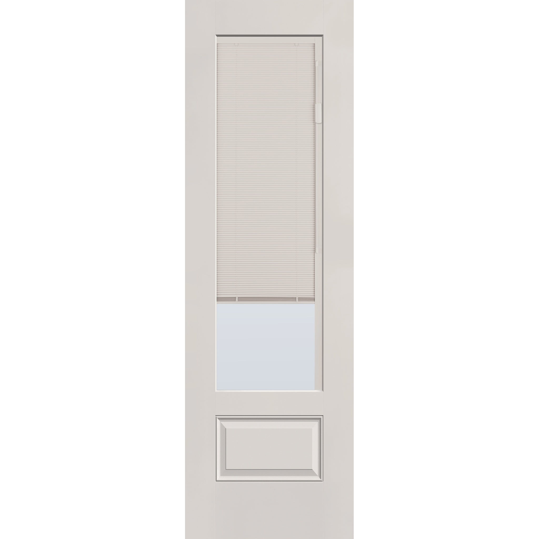 Raise & Lower Blinds flush glazed fiberglass entry door, 3/4 lite, 30" x 96", white satin smooth finish, white blinds