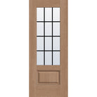 12 light grille flush glazed hurricane-rated fiberglass entry door, 3/4 lite, 32" x 80", tan woodgrain finish, black grilles between glass