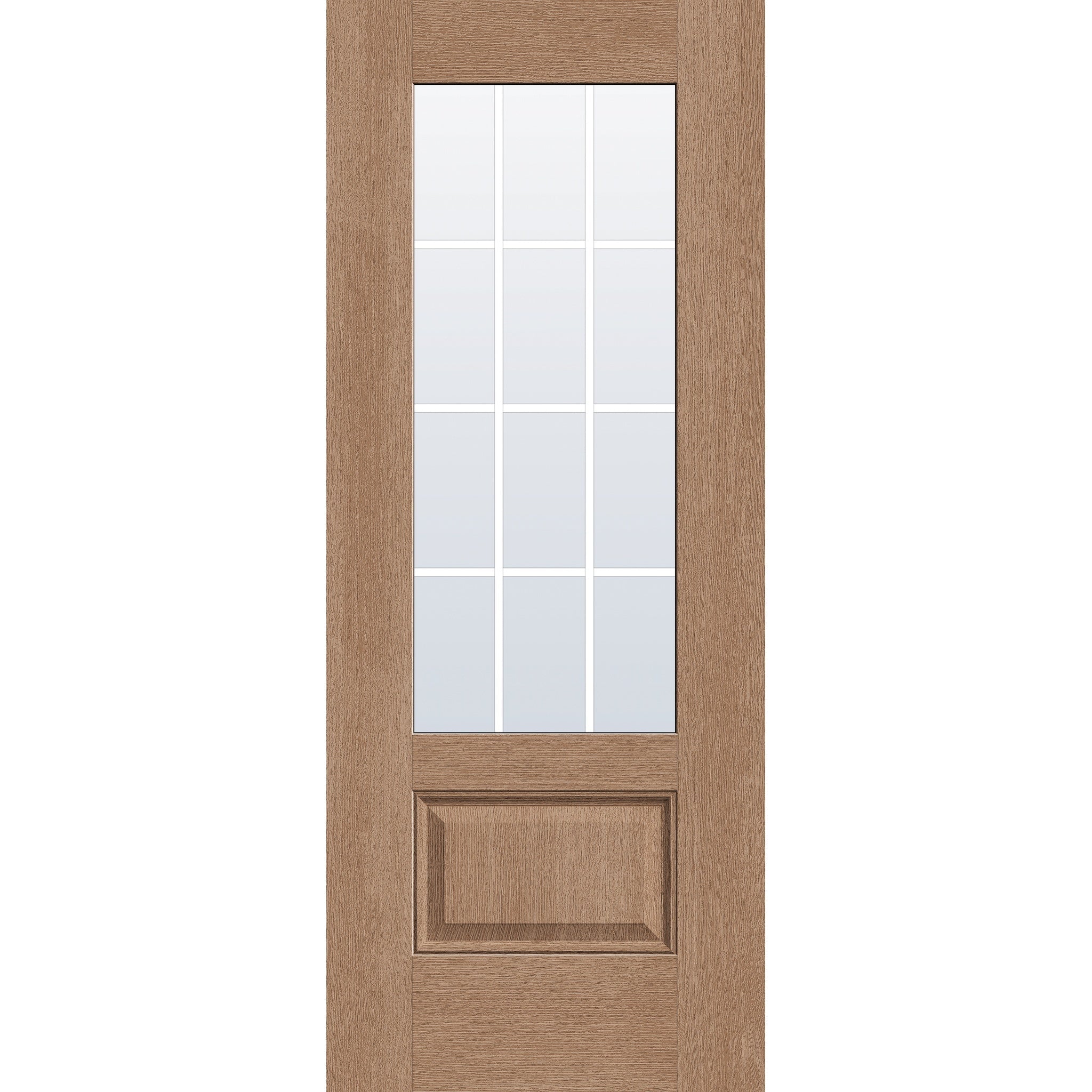 12 light grille flush glazed hurricane-rated fiberglass entry door, 3/4 lite, 32" x 80", tan woodgrain finish, white grilles between glass