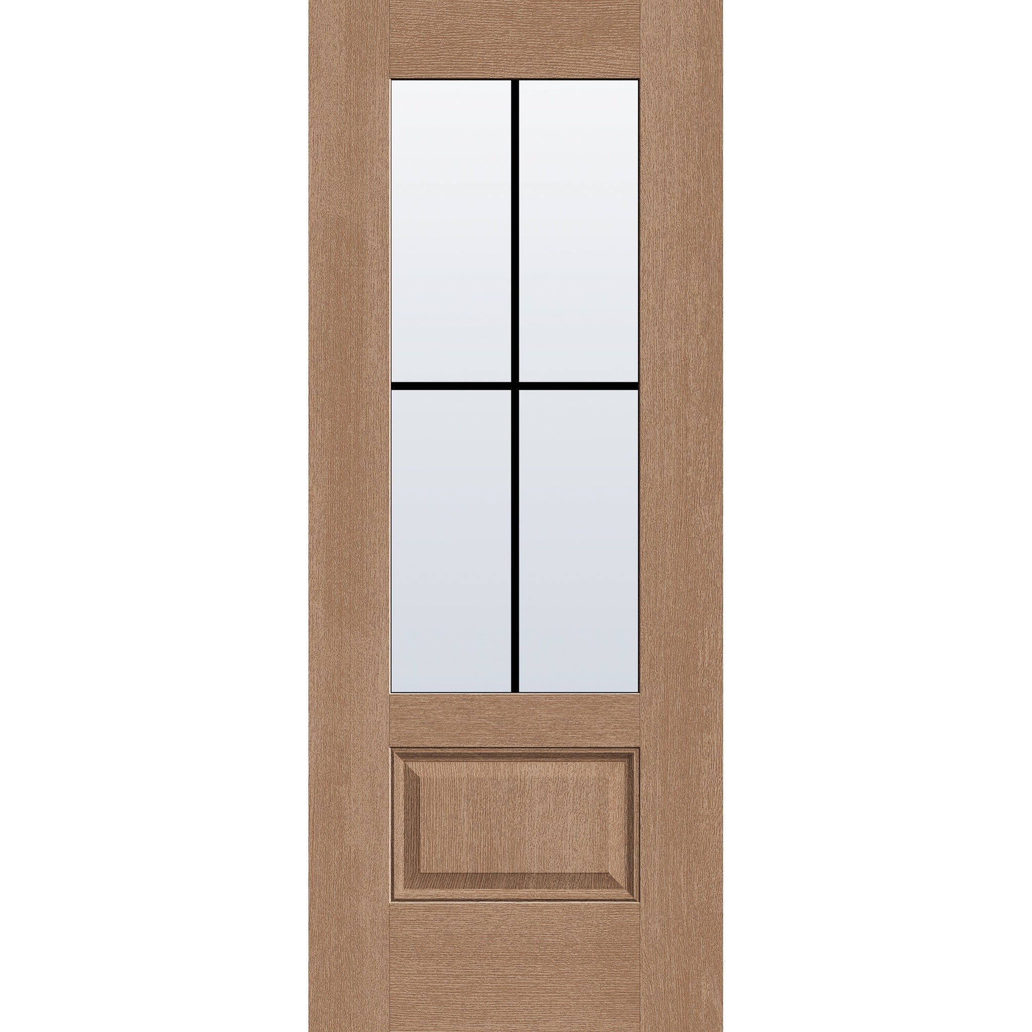 4 light grille flush glazed hurricane-rated fiberglass entry door, 3/4 lite, 32" x 80", tan woodgrain finish, black grilles between glass