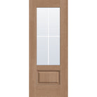 4 light grille flush glazed hurricane-rated fiberglass entry door, 3/4 lite, 32" x 80", tan woodgrain finish, white grilles between glass